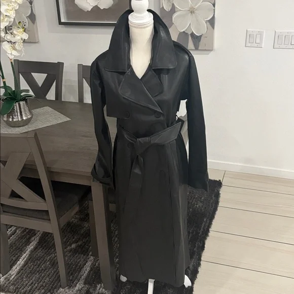 Forever 21 size S bnwt faux leather midi length belted black trench coat - Picture 1 of 3